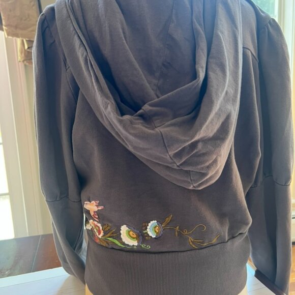 Anthropologie Saturday Sunday Hoodie M Gray Brown Floral Embroidered Boho Cotton - Picture 3 of 10